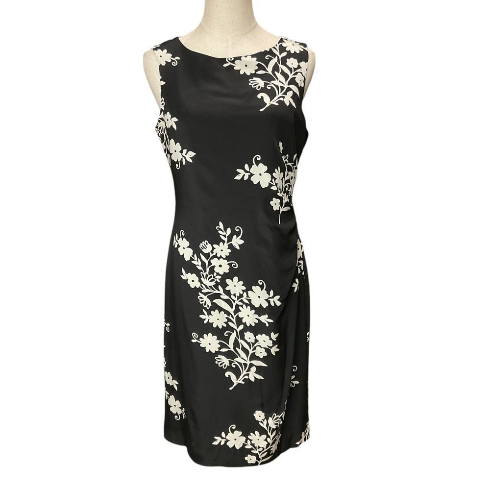 David Warren New York Black Floral Sleeveless Sheath Dress Size 8 100% Silk